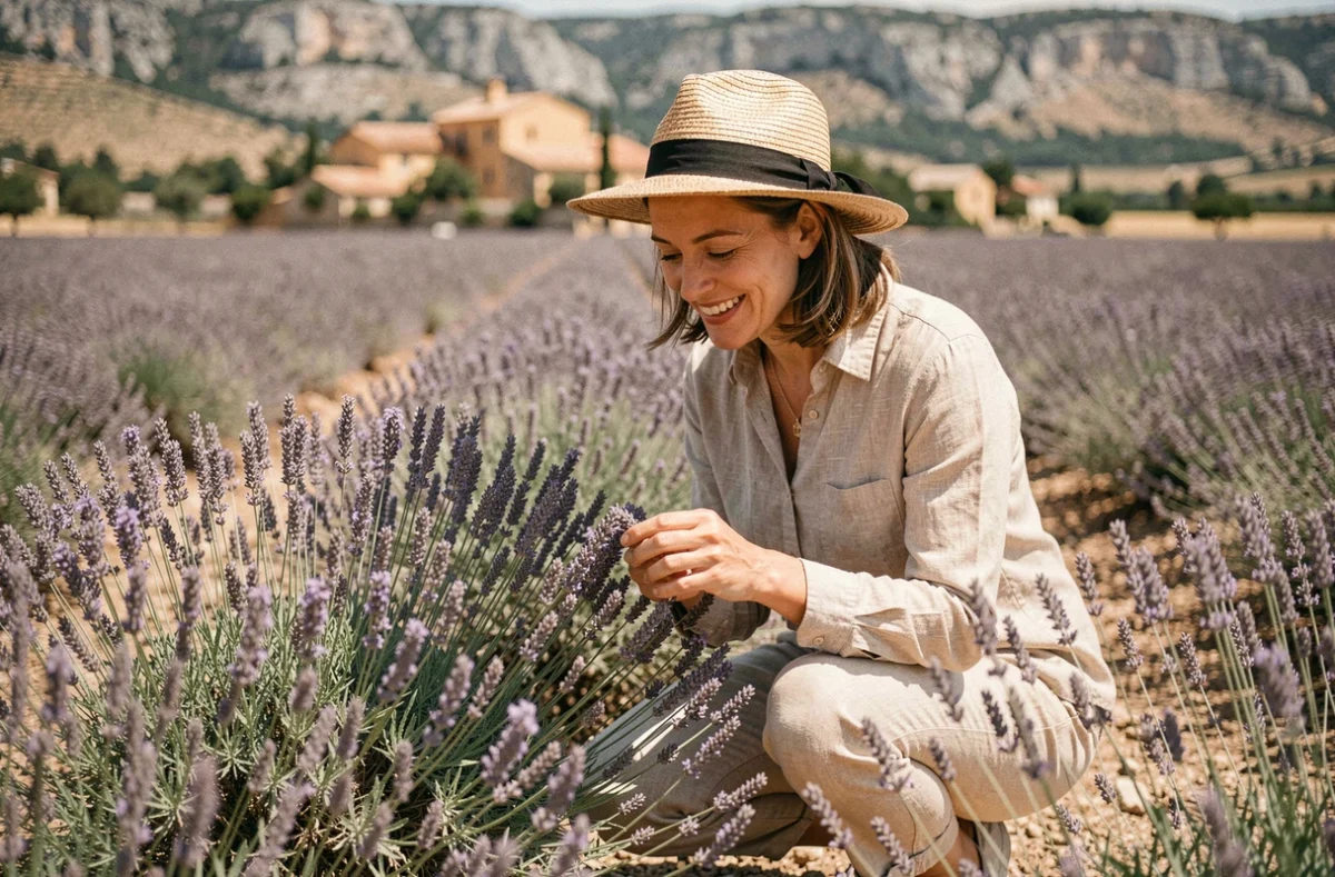 Femme explorant un champ de lavande en Vaucluse lors d'un week-end insolite en Provence