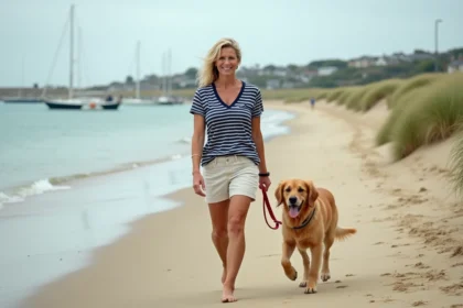 Femme se promenant avec son golden retriever sur la plage de Conleau à Vannes, les pieds dans le sable au bord de l'eau