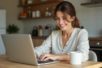 Femme comparant des locations de vacances sur un site comme Locasun depuis son ordinateur portable à la maison