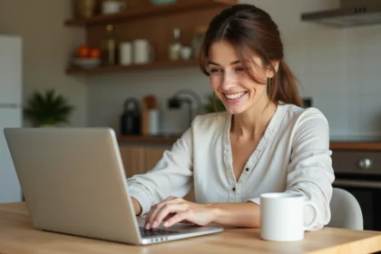 Femme comparant des locations de vacances sur un site comme Locasun depuis son ordinateur portable à la maison