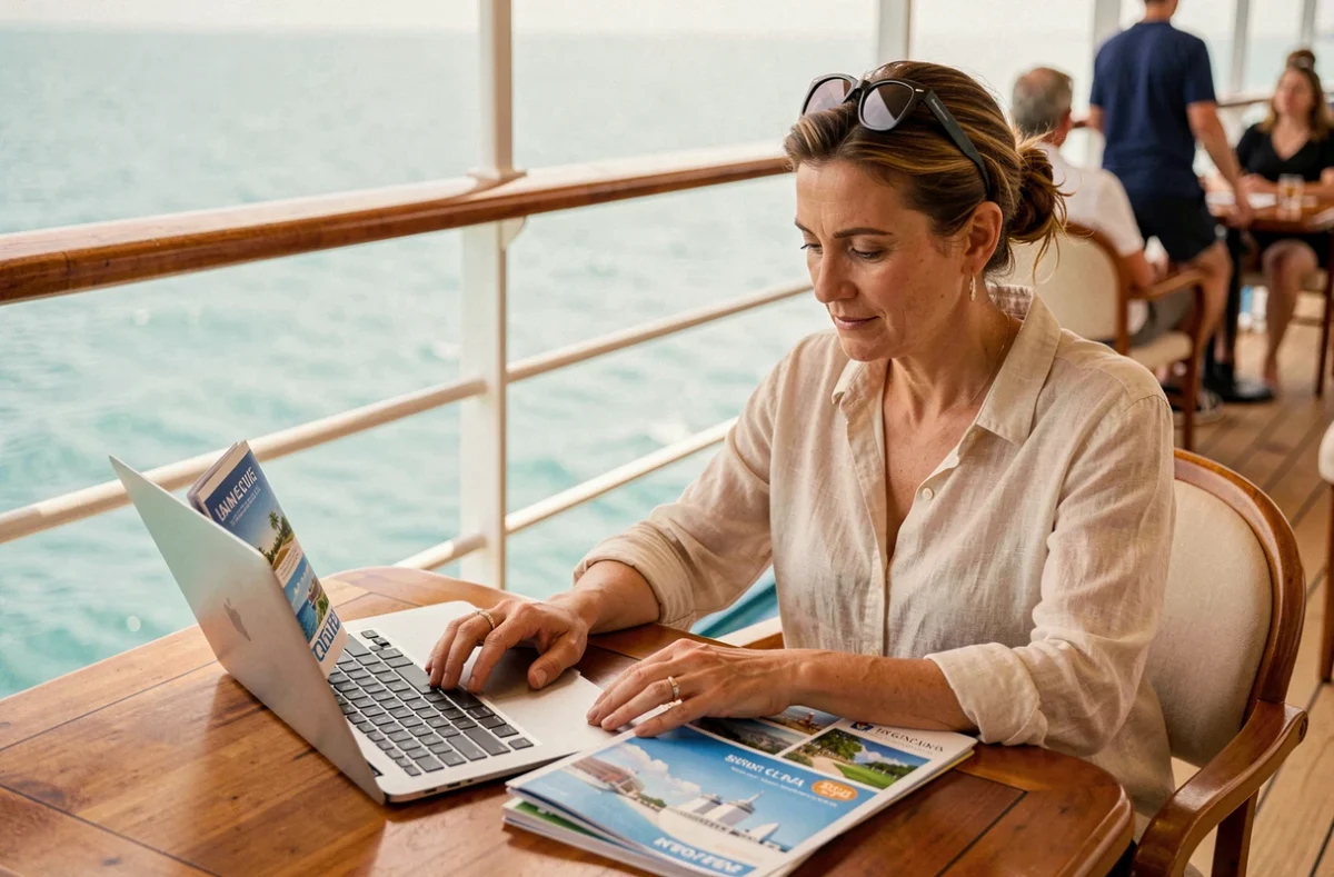 Femme comparant des offres de croisière Calypso sur un ordinateur portable depuis le pont d'un bateau avec vue sur la mer turquoise