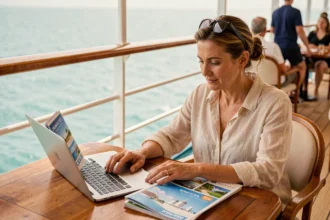 Femme comparant des offres de croisière Calypso sur un ordinateur portable depuis le pont d'un bateau avec vue sur la mer turquoise