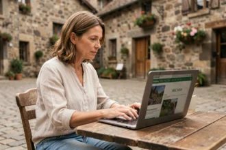 Femme consultant le site Entauvergne.fr sur un ordinateur portable en terrasse dans un village d'Auvergne