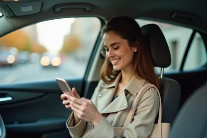 Femme en covoiturage consultant une application de trajet domicile-travail sur son smartphone dans une voiture moderne