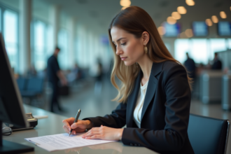 Femme enregistrement aéroport assise et remplissant un formulaire