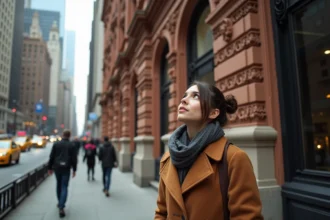 Femme admirant la façade en terre cuite du Woolworth Building