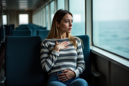 Femme assise près de la fenêtre du ferry regardant l'horizon