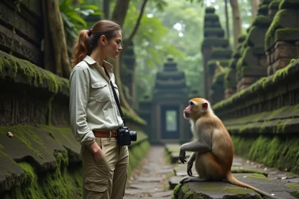 Jeune femme observant un macaque dans la forêt de Bali
