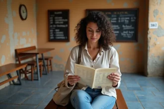 Femme consultant un horaire de micheline dans une gare rustique de Corse pour organiser un voyage en famille