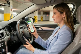 Femme consultant un itinéraire ViaMichelin sur smartphone avant de prendre la route
