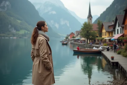 Jeune femme en trench beige au lac Hallstatt