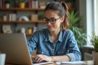 Femme en denim et lunettes consulte son profil Airbnb à la maison