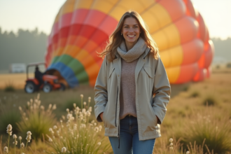 Femme souriante dans un champ avec ballon à air chaud