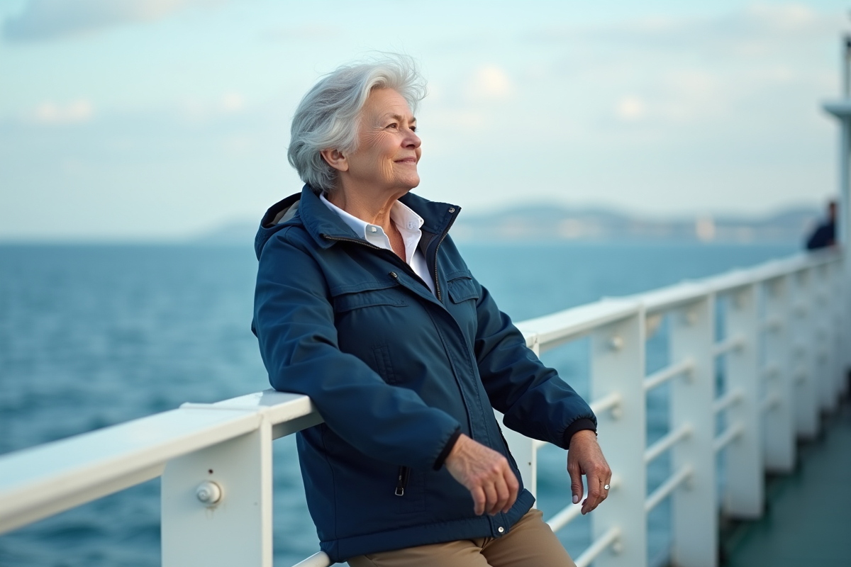 Femme regardant l'horizon sur un ferry en mer