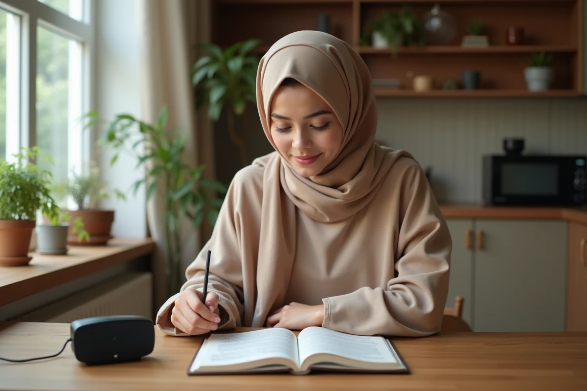 Jeune femme musulmane récitant duaa chez elle