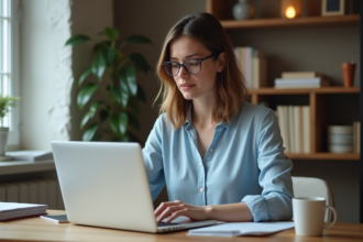 Jeune femme concentrée remplissant un formulaire DS160 sur son ordinateur