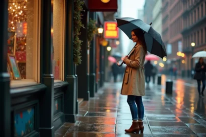Jeune femme avec parapluie dans la rue de SoHo à New York