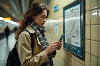 Femme tenant un pass Navigo dans une station de métro parisienne en consultant le plan des lignes