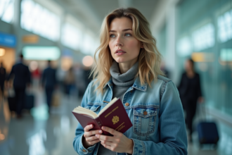 Jeune femme avec passeport dans un aéroport lumineux