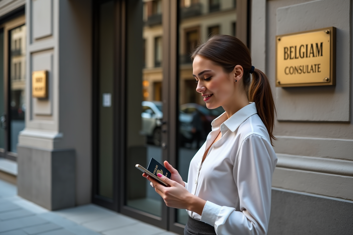 Jeune femme avec passeport devant le consulat belge