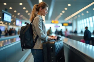Femme pesant une valise à l'aéroport dans un terminal moderne