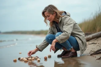 Femme curieuse examinant des coquillages sur la plage de Pennedepie