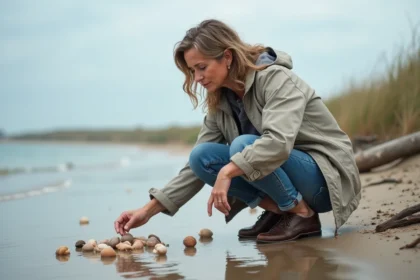 Femme curieuse examinant des coquillages sur la plage de Pennedepie