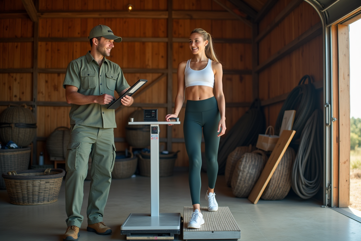 Jeune femme souriante sur une balance dans hangar ballon