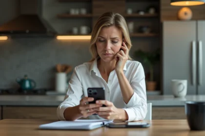 Femme d'affaires réfléchissant à un appel sur son smartphone dans la cuisine