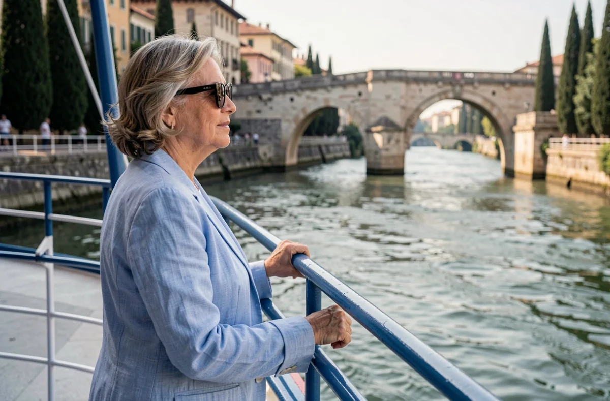 Femme admirant un pont médiéval depuis la proue d'un bateau de croisière sur le Rhône en Provence