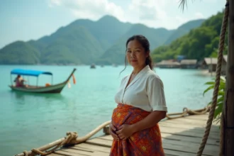 Femme philippine en tenue traditionnelle sur un quai de pêche à Mindanao avec des eaux turquoise et des montagnes verdoyantes en arrière-plan