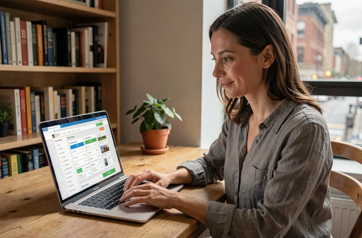 Femme recherchant le meilleur vol sur un comparateur de prix en ligne depuis son bureau à domicile