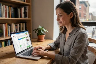 Femme recherchant le meilleur vol sur un comparateur de prix en ligne depuis son bureau à domicile