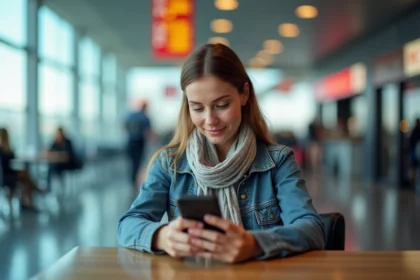 Femme en denim et foulard cherche offres voyage à l'aéroport