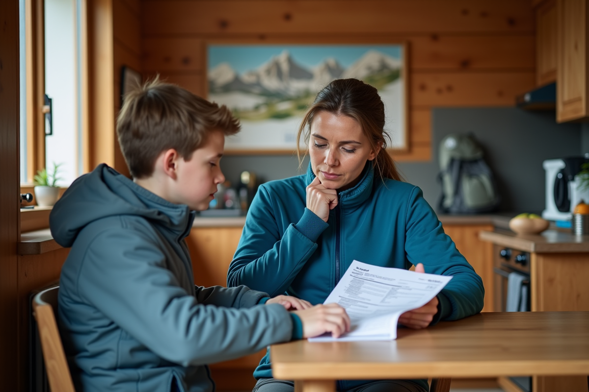Femme examine facture de secours avec son fils