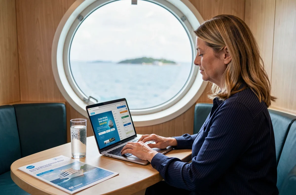 Femme réservant une croisière aux Bahamas sur son ordinateur portable dans le salon d'un navire