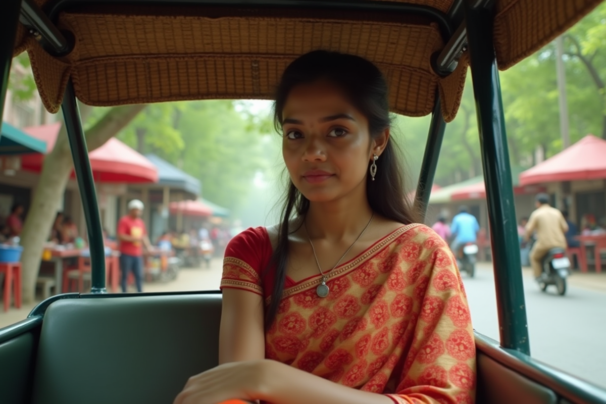 Jeune femme indienne en sari dans un rickshaw moderne en pleine nature