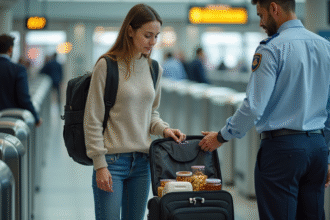 Jeune femme à la sécurité de l'aéroport ouvrant sa valise