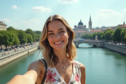 Femme prenant un selfie avec monument célèbre en arrière-plan