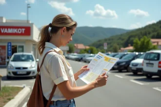 Femme consultante un plan devant un centre commercial à Dancharia