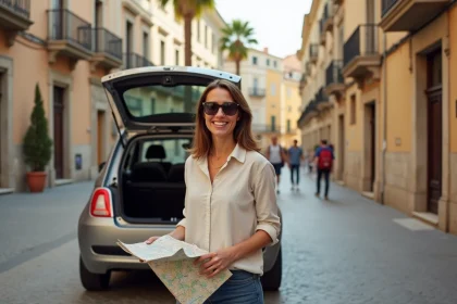 Femme souriante avec voiture à Palermo en Sicile