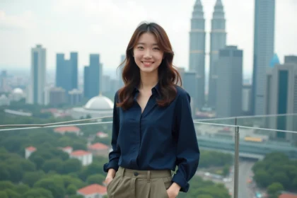 Jeune femme asiatique sur skywalk avec vue sur Kuala Lumpur