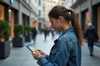 Femme en denim utilisant une carte sur smartphone en ville