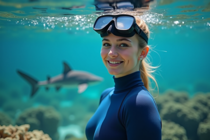 Jeune femme en combinaison de plongée souriante au-dessus d’un récif