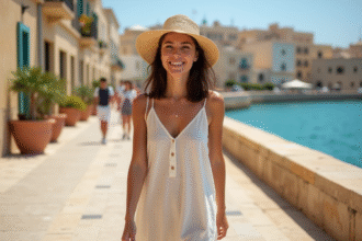 Femme souriante en robe légère à Valletta avec bâtiments en pierre