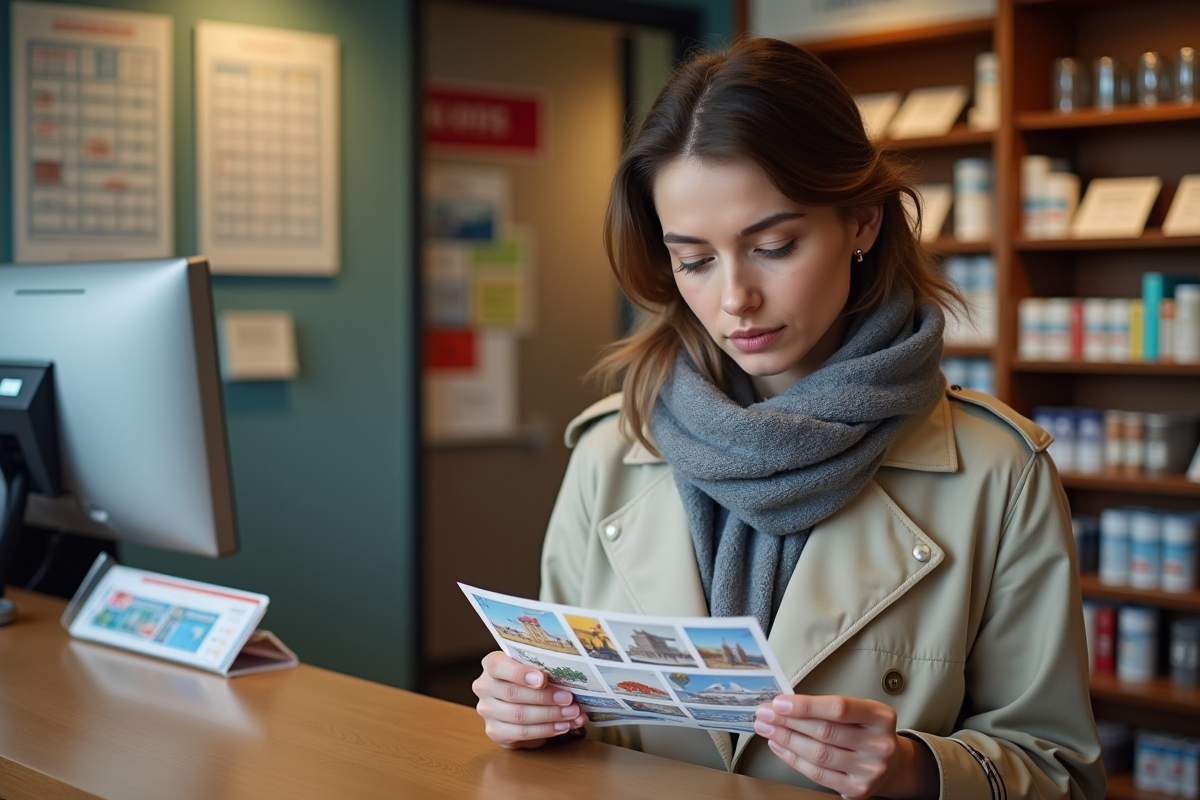Femme examinant des timbres internationaux au bureau de poste
