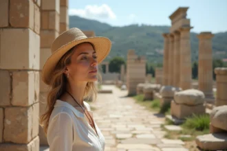 Femme en blouse de lin et chapeau de paille devant temple grec en Sicile