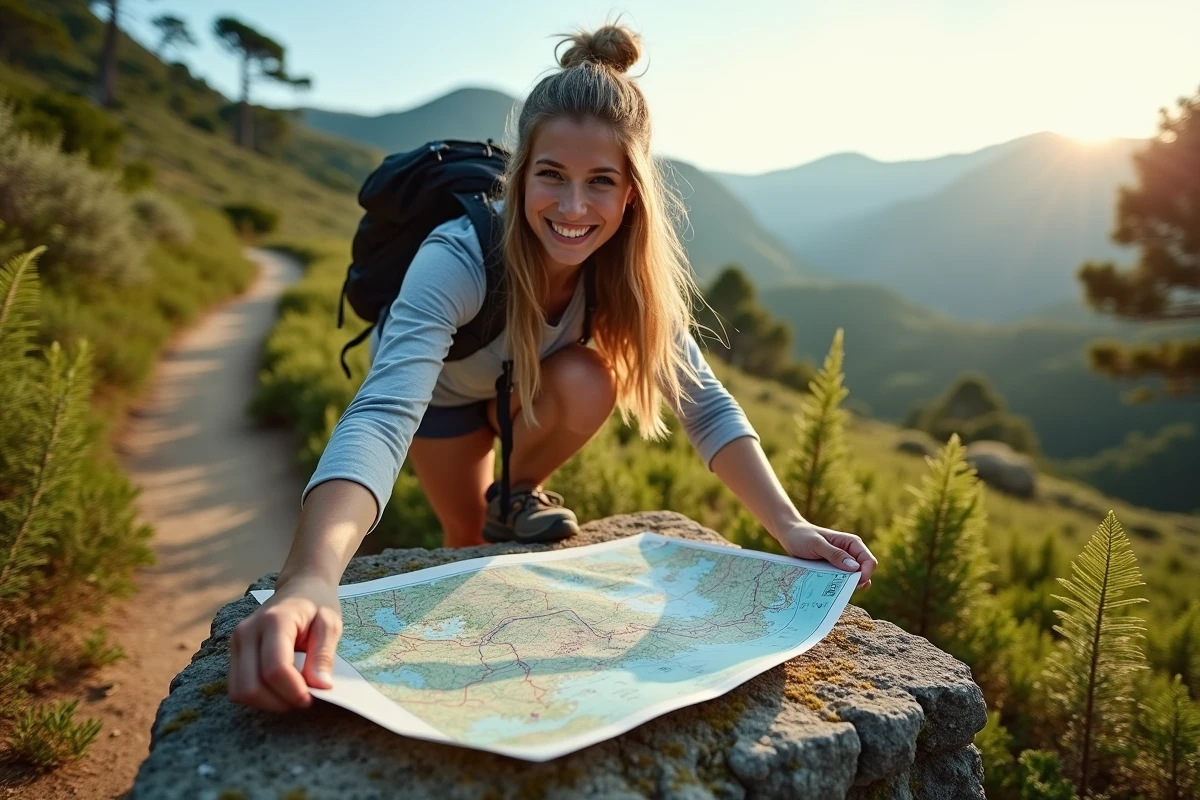 Jeune femme souriante avec carte sur un cairn en maquis