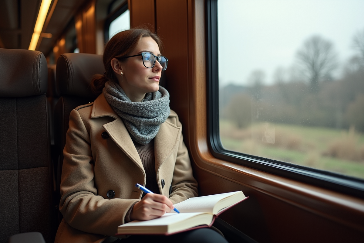 Jeune femme regardant par la fenêtre du train en Europe