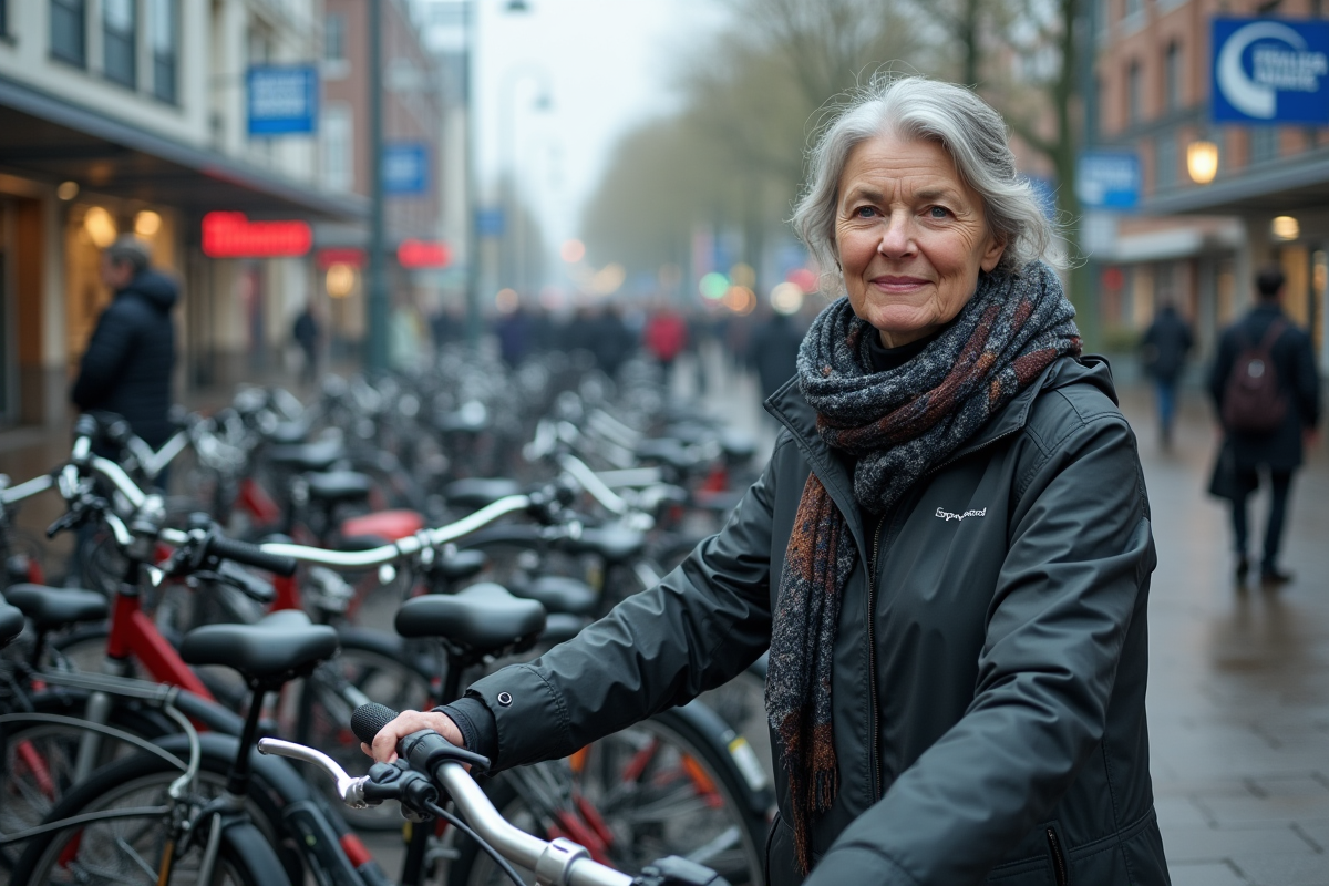 Femme néerlandaise stationnant son vélo près d